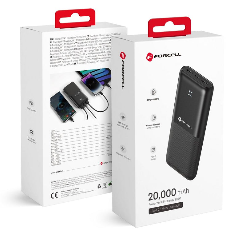 Dieses Bild zeigt die Verpackung der FORCELL F-Energy S20k1 Powerbank mit einer Kapazität von 20.000 mAh. Das Design ist schlicht in Weiß mit einer Abbildung der Powerbank in Schwarz, die über zwei USB-Ausgänge zum gleichzeitigen Laden von Geräten verfügt. Hervorgehoben wird die große Kapazität und die Möglichkeit, mehrere Geräte gleichzeitig zu laden. Die Verpackung betont die praktischen Aspekte des Produkts und die grundlegenden technischen Informationen sind klar sichtbar dargestellt.