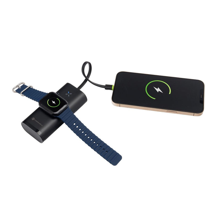 Laden Sie Ihre Apple Watch® und andere Geräte mit dem F-Energy F10k4 Powerbank: 10.000 mAh, 4 Ausgangsports, kabellose Ladefunktion. Ideal für unterwegs!