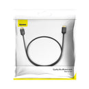 Das Bild zeigt ein modernes BASEUS HDMI-Kabel, Modell CAKGQ-A01, welches eine Länge von 1 Meter hat. Es ist in schwarz gehalten und unterstützt 4K-Auflösungen bei 60Hz gemäß HDMI 2.0 Standard, ideal für hochauflösende Bildübertragungen.