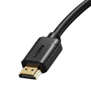 Das Bild zeigt ein modernes BASEUS HDMI-Kabel, Modell CAKGQ-A01, welches eine Länge von 1 Meter hat. Es ist in schwarz gehalten und unterstützt 4K-Auflösungen bei 60Hz gemäß HDMI 2.0 Standard, ideal für hochauflösende Bildübertragungen.
