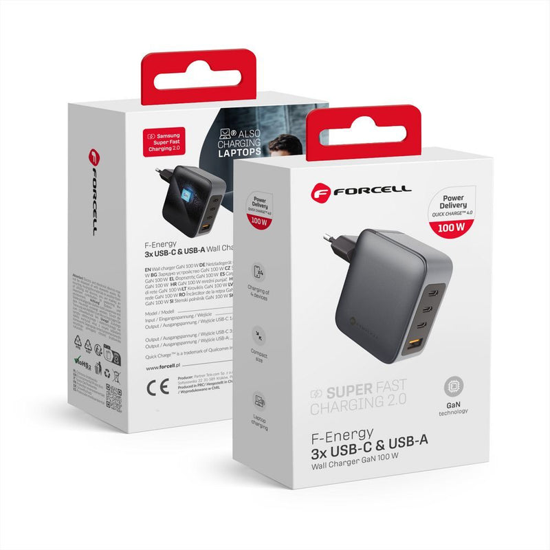 Forcell Ladegerät mit 100W Power Delivery und Quick Charge 4.0 bietet effizientes Schnellladen für mehrere Geräte. Kompakt, mit GAN-Technologie und 4 Ports (1x USB, 3x USB-C). Ideal für schnelles Laden unterwegs!
