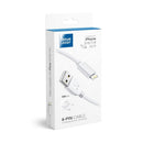 Das Bild zeigt eine Verpackung des BLUE STAR LITE Kabels 3A USB-A auf Lightning in Weiß mit einer Länge von 1,2 Metern. Es ist kompatibel mit iPhone 5/6/7/8 sowie den neueren Modellen iPhone X/XI/11. Dieses Kabel dient zum Aufladen und zur Datenübertragung.