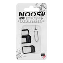 Das Bild zeigt einen NOOSY 3-in-1 SIM-Karten-Adapter in Schwarz, ein praktisches Zubehör, das es ermöglicht, eine Nano-SIM-Karte in Geräten zu verwenden, die entweder eine Micro-SIM- oder Standard-SIM-Karte benötigen. Dieses Set ist eine universelle Lösung für die Anpassung von SIM-Karten verschiedener Größen an alle Mobilgeräte.
