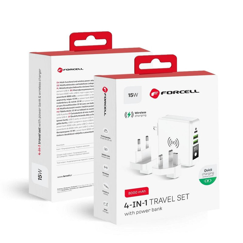 Entdecken Sie den Multi Reiselader 6 in 1 – Ihr perfekter Reisebegleiter! Mit einer 8000-mAh-Powerbank, USB- und USB-C-Anschlüssen sowie kabellosem Laden. Ideal für weltweite Reisen durch austauschbare Stecker. Bleiben Sie überall geladen!