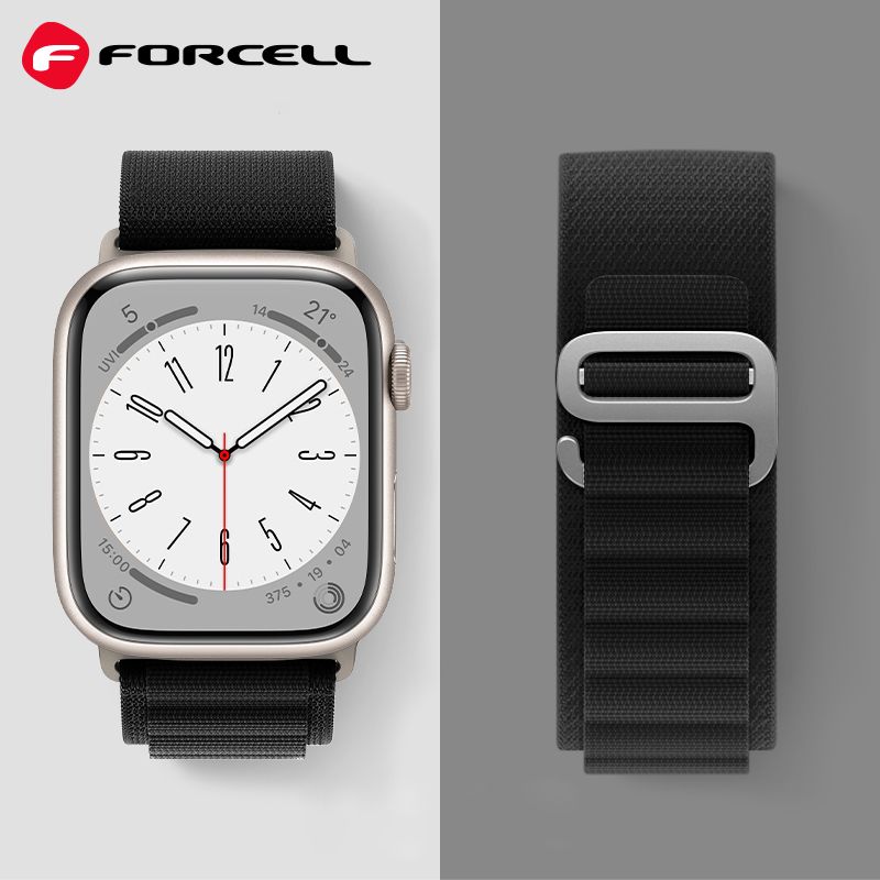 Der FORCELL F-DESIGN FA13 Strap in Schwarz ist ein eleganter und robuster Uhrenarmband für die Apple Watch, kompatibel mit den Größen 42, 44, 45 und 49 mm. Ideal für einen stilvollen und funktionalen Look.