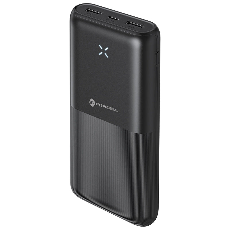 Dieses Bild zeigt die Verpackung der FORCELL F-Energy S20k1 Powerbank mit einer Kapazität von 20.000 mAh. Das Design ist schlicht in Weiß mit einer Abbildung der Powerbank in Schwarz, die über zwei USB-Ausgänge zum gleichzeitigen Laden von Geräten verfügt. Hervorgehoben wird die große Kapazität und die Möglichkeit, mehrere Geräte gleichzeitig zu laden. Die Verpackung betont die praktischen Aspekte des Produkts und die grundlegenden technischen Informationen sind klar sichtbar dargestellt.