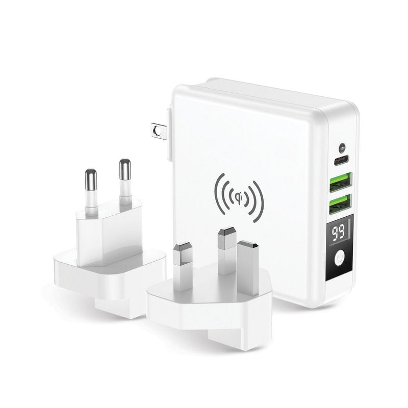Entdecken Sie den Multi Reiselader 6 in 1 – Ihr perfekter Reisebegleiter! Mit einer 8000-mAh-Powerbank, USB- und USB-C-Anschlüssen sowie kabellosem Laden. Ideal für weltweite Reisen durch austauschbare Stecker. Bleiben Sie überall geladen!