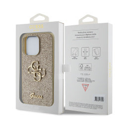 Guess PU Glitter 4G Metal Logo Case für Apple iPhone 15 Pro Gold
