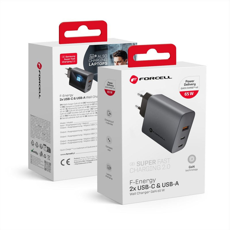 Forcell Ladegerät: 65W Power dank GAN-Technologie, USB-A & 2x USB-C. Schnellladen mit PD & Quick Charge 4.0 für effiziente, schnelle Aufladung. Ideal für alle Geräte. Sicher & kompakt – perfekt für unterwegs.