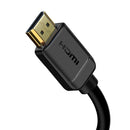Das Bild zeigt ein modernes BASEUS HDMI-Kabel, Modell CAKGQ-A01, welches eine Länge von 1 Meter hat. Es ist in schwarz gehalten und unterstützt 4K-Auflösungen bei 60Hz gemäß HDMI 2.0 Standard, ideal für hochauflösende Bildübertragungen.