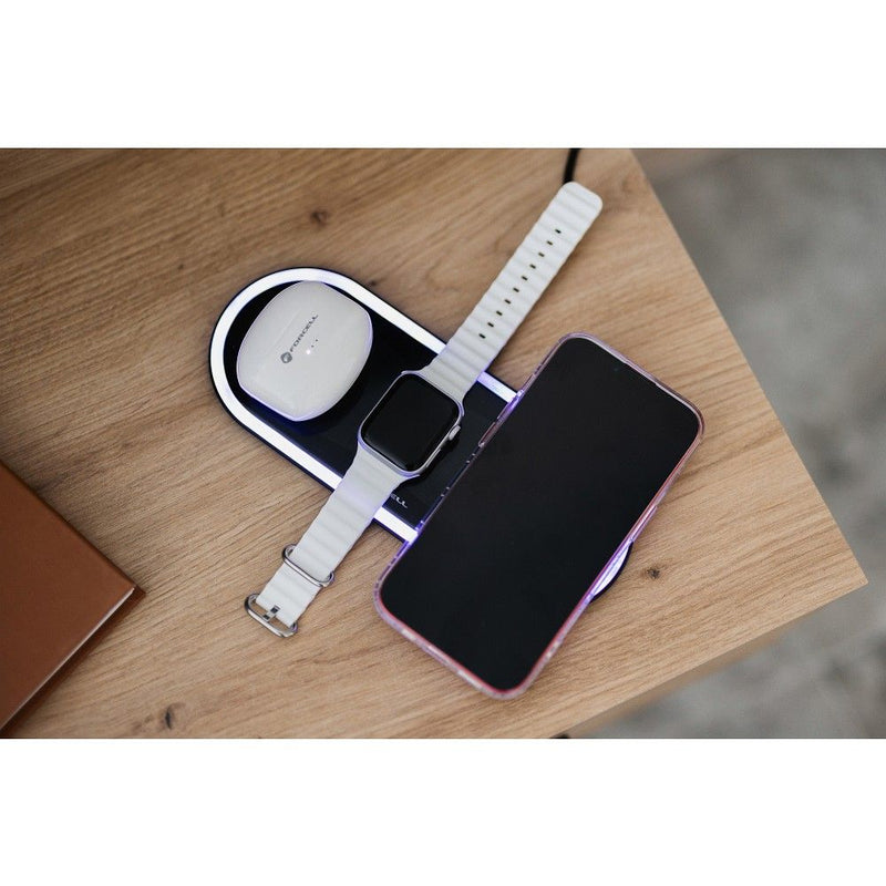 Optimieren Sie Ihren Ladevorgang mit dem Forcell F-ENERGY Ellipse 3-in-1 Wireless Charger! Perfekt für Apple-Produkte, ermöglicht das 15W Gerät schnelles Laden von iPhone, Apple Watch & AirPods. Stilvoll, sicher und platzsparend.