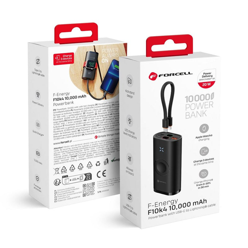 Laden Sie Ihre Apple Watch® und andere Geräte mit dem F-Energy F10k4 Powerbank: 10.000 mAh, 4 Ausgangsports, kabellose Ladefunktion. Ideal für unterwegs!