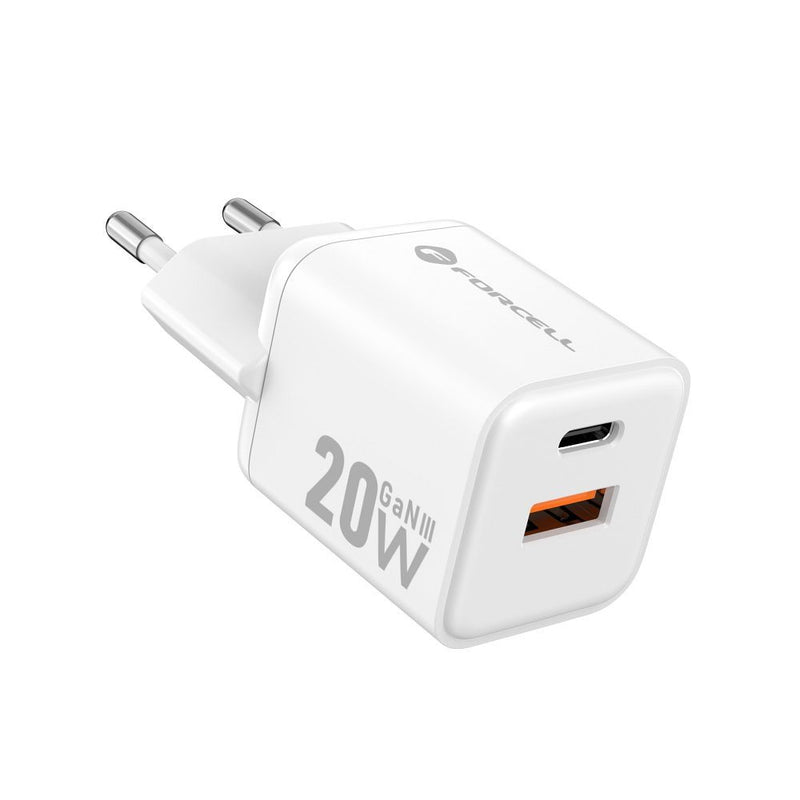 Das Forcell Mini GaN III Netzladegerät: Mit 20W PD und Quick Charge 4.0 unterstützt es schnelles Laden und bietet Dual-Port-Komfort durch USB-C und USB-A Anschlüsse. Ideal für schnelles Aufladen unterwegs dank innovativer GaN III Technologie.